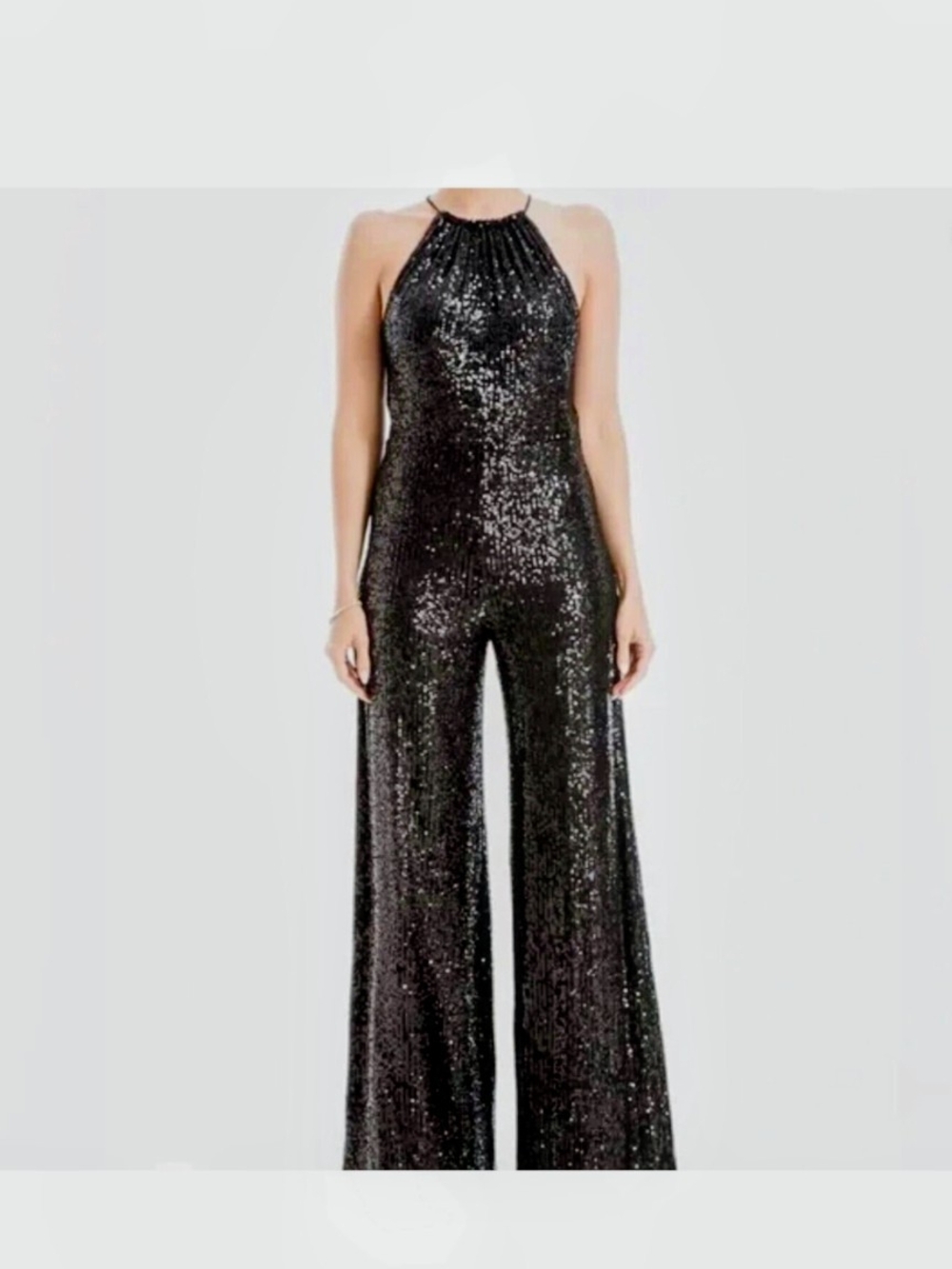 Sequin Halter Wide-Leg Jumpsuit - Black